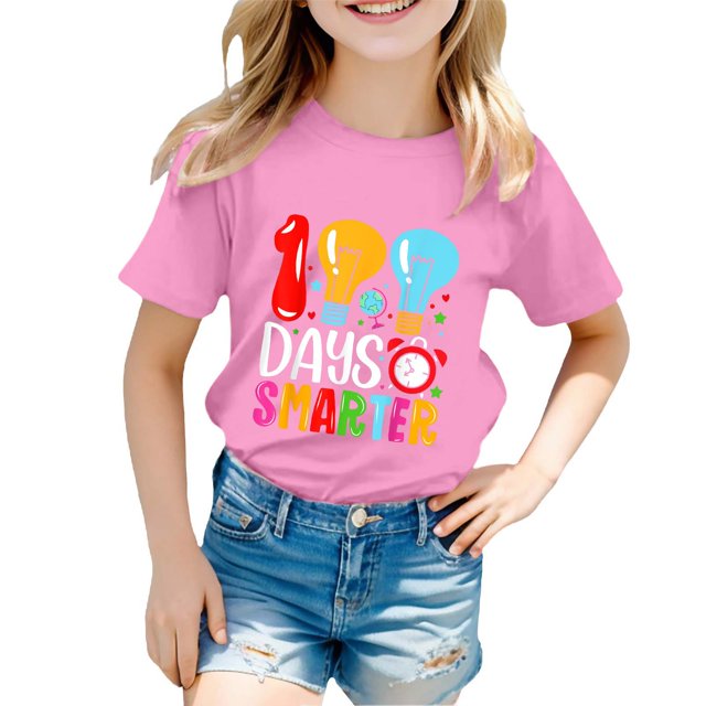 PMVFHDE Hauts Mignons pour Fille 2025 T-Shirt Robe Filles Hauts d'Été 2025 Maillots de Bain Filles Hauts Garçon et Fille Mode Décontractée Imprimé Col Rond Manches Courtes T-Shirt Haut Rose, 3-4 Ans