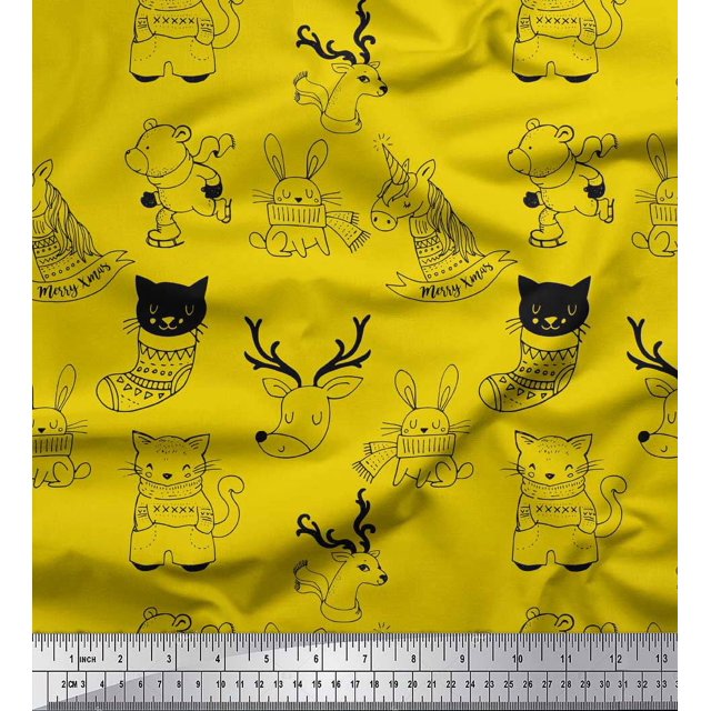 Soimoi Yellow Poly Georgette Fabric Unicorn & Bunny Cartoon Fabric Prints By Yard 52 Inch Wide