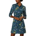 thumbnail image 4 of Allegra K Robe-Chemise à Fleurs pour Femme à Revers, Boutonnée, Ceinturée, S Bleu Sarcelle, 4 of 8