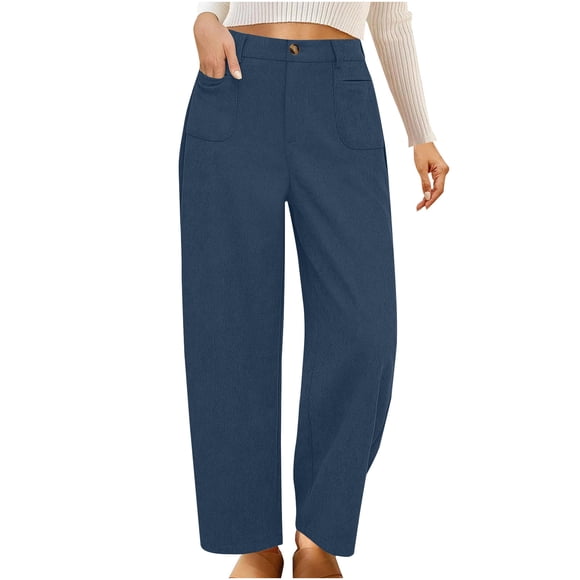 Kyusrd Wide Leg Pants For Women Casual Solid Color Loose Corduroy Button Elastic High Waist Pocket Slightly Flared Straight Leg Pants
