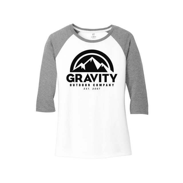 Womens Gravity Outdoor Co. 3/4-Sleeve Raglan Shirt - Black Logo - Grey/White - S