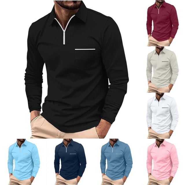 XZNGL Polo à Manches Longues pour Hommes, Col Rabattu, Fermeture Éclair Complète à l'Avant, Poches avant, Couleur Unie, Polyester Respirant, Coupe Décontractée, Tenue d'Été