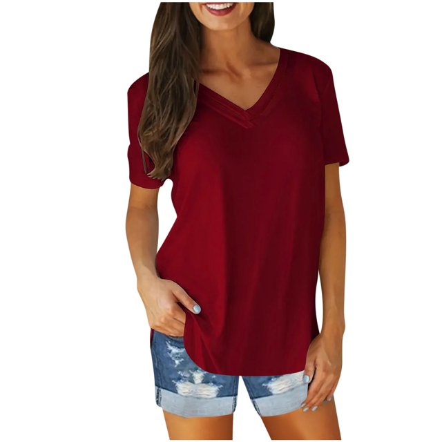 Blouses for Women Solid Color V-Neck Short Sleeve T-Shirt Blouse Tops