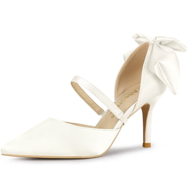 BLISSFUL STEP Chaussures pour Femmes Inspirées Escarpins à Talons Hauts en Satin Décor Nœud Bout Pointu Chaussures à Enfiler Blanc 11
