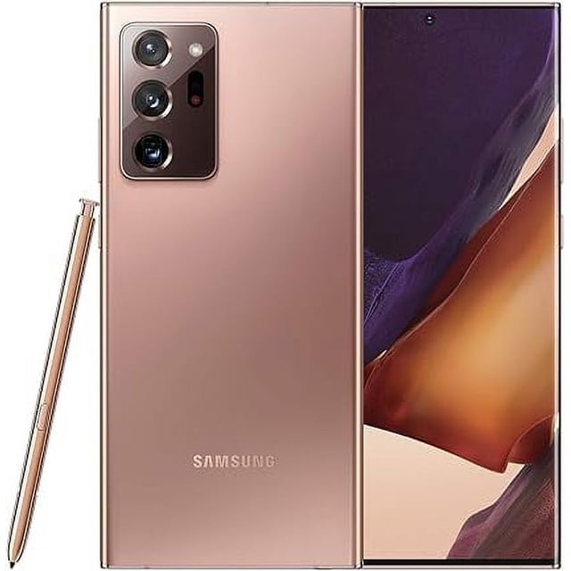 Samsung Galaxy Note20 Ultra 128GB (Canadian Model) certified refurbished like new unlocked smartphone in a bronze finish. Features a 6.9-inch Infinity-O Dynamic AMOLED 2X display with 3088 x 1440 resolution, triple rear cameras (12MP ultra-wide, 108MP wide, 12MP telephoto), and a 10MP front camera. Includes a refined S Pen for note-taking and sketching. Powered by a Snapdragon 865+ processor, 12GB RAM, and 128GB storage. Certified refurbished with minimal cosmetic wear and a 90-day seller warranty.