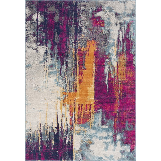 SAVANNAH MULTI 2X4 abstract area rug in mid-century modern style with vibrant magenta, orange, grey, blue, and white patterns, made of 100% polypropylene with jute backing, measuring 2'3" x 3'7", ideal for high-traffic indoor areas like entryways and hallways, also suitable as a decorative accent in living rooms or bedrooms.