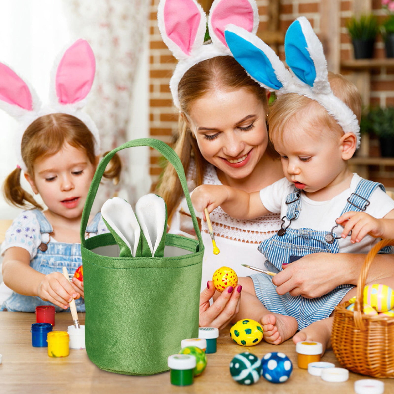 Meitianfacai Saving Home Textile Storage Storage Containers With Lids Easter Basket Easter Bunny Basket Green Cute Bag With Foldable Ears Tote Bags For Easter, Green