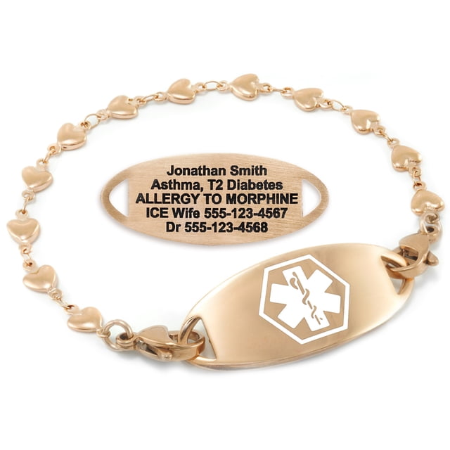 MedicEngraved Rose Gold Stainless Steel Custom Medical Alert Bracelet - 5mm Heart Link