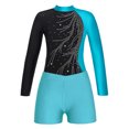 thumbnail image 3 of renvena Girls Gymnastics Leotards and Shorts Set Rhinestone Long Sleeve Ballet Unitard Biketards Blue Green 14, 3 of 5