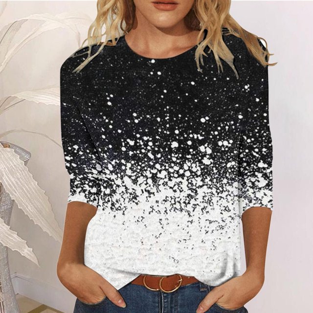 Hauts de Sortie pour Femmes Mode T-shirt Imprimé Manches 3/4 Blouse Col Rond Hauts Décontractés Hauts Sexy pour Femmes en Solde