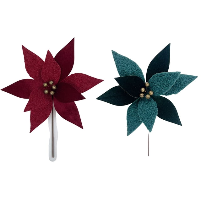Pique à Poinsettia en Sherpa (Assortis) - Ensemble de 12 Comprenant Deux Pics de Fleurs de Poinsettia Artificielles avec des Pétales en Feutre Doux en Rouge Foncé et Sarcelle Foncée, des Centres de Clochette Dorés et des Tiges Fines, Convenant à Rehausser les arrangements Floraux et la Déco des Fêtes.