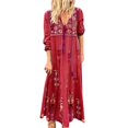 thumbnail image 1 of Women Plus Size V Neck Print Lace Up Long Sleeve Boho Dress Party Maxi Dress, 1 of 6