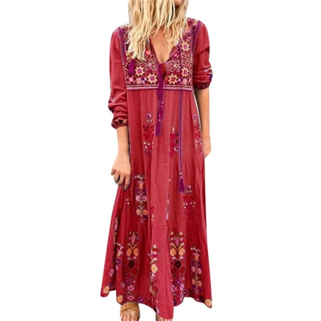 Women Plus Size V Neck Print Lace Up Long Sleeve Boho Dress Party Maxi Dress