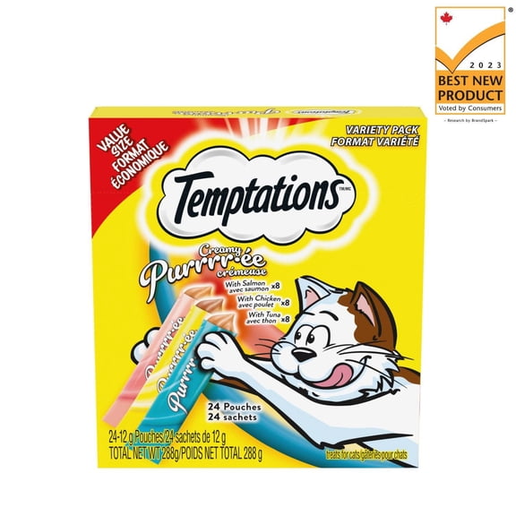 Temptations Purée Crémeuse au Poulet & au Saumon & au Thon, Gâteries Léchables pour Chats Adultes, 24 Sachets, 288g