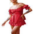 thumbnail image 2 of Women Boho Romper Off Shoulder Double Layer Ruffle Hem Chiffon Short Fairy Princess Mini Dress Jumpsuit Playsuits Black L, 2 of 7