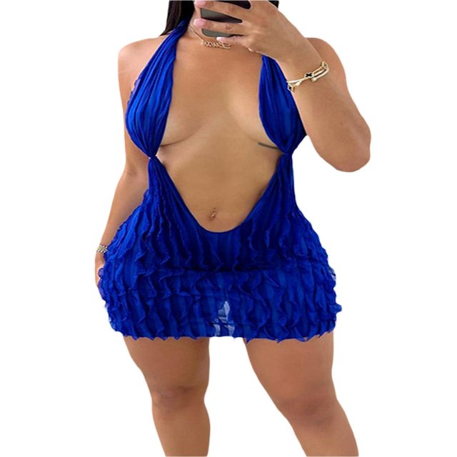 Robe Sans Manches à Col Halter pour Femmes, Col en V Profond, Dos Nu, Volants Plissés, Mini Robe de Soirée
