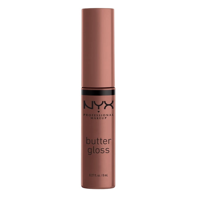NYX Professional Makeup Butter Gloss lip gloss in a matte brown cylindrical tube with black text, containing 8 mL, featuring a buttery soft, non-sticky formula that delivers sheer to medium coverage and glossy shine.