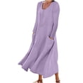 thumbnail image 2 of Meichang Robes d'Été pour Femmes Grande Taille en Coton et Lin Robes Maxi à Manches Longues Col Rond Robes Unies Évasées Amples Robes de Plage avec Poches Violet G, 2 of 5