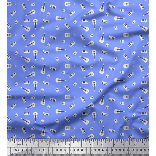 Soimoi Satin Silk Fabric Radio Transistor,Guitar & Piano Musical Instrument Fabric Prints by Yard 42 Inch Wide
