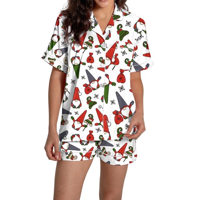 Pyjama pour Femmes en Satin Imprimé Graphique, Mignon, Tenue de Nuit, Boutons, Hauts à Manches Courtes, Ensembles de Shorts