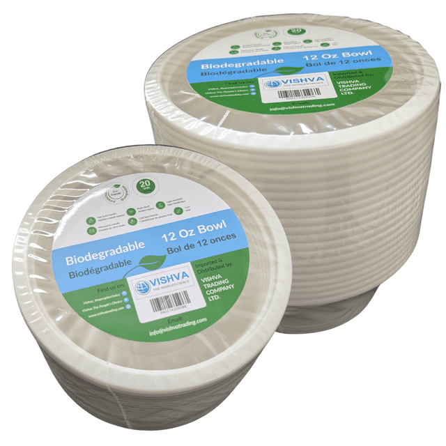 VISHVA ECO CRAFT 12 Oz 354ml Biodegradable Disposable Bowls, Pack of 20. The image displays two stacks of white disposable bowls in clear packaging with a blue and green label. The label emphasizes their eco-friendly, compostable design, 12 Oz (354ml) capacity, and versatility for serving hot or cold foods. Suitable for parties, picnics, and sustainable dining.
