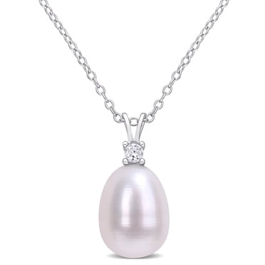 Pendentif sur chaîne Miabella avec perle d’eau douce cultivée et 1/10 CT PBT de saphir synthèse blanc en argent sterling