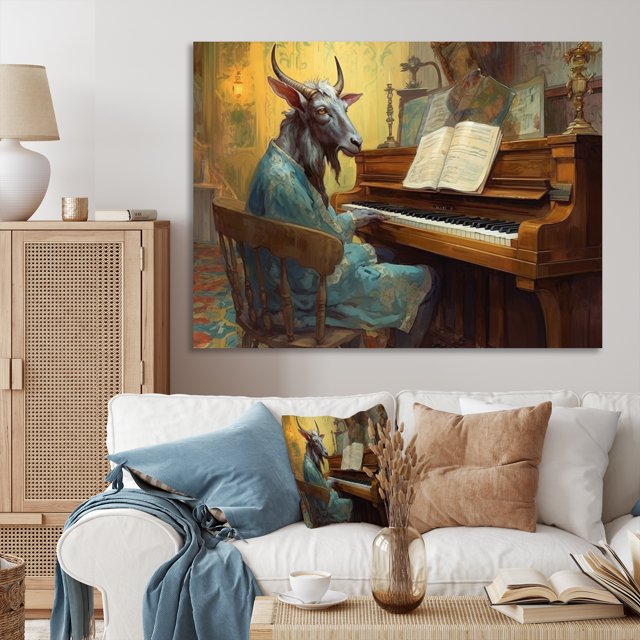 Designart art Mural d'Animal Chèvre, Chèvre Musicale I, Grande Déco Murale Chèvre, Toile Moderne Turquoise, 44x34 Pouces