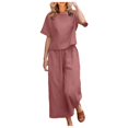 thumbnail image 1 of CHOK Femmes 2 Pièce Tenue Lin Récolte Manches Courtes Haut Salon Ensembles Assortis et Pantalons Longs Survêtements Rose Chaud L, 1 of 5
