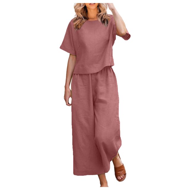 CHOK Femmes 2 Pièce Tenue Lin Récolte Manches Courtes Haut Salon Ensembles Assortis et Pantalons Longs Survêtements Rose Chaud L
