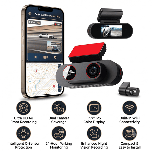 Brother Eye Road Guardian 1 4K Dual Dash Cam with Parking Support, Cold Resistant, 1.97" IPS Display, Built-in WiFi, G-Sensor, Night Vision, 24-Hour Parking Monitor, 128GB SD Card