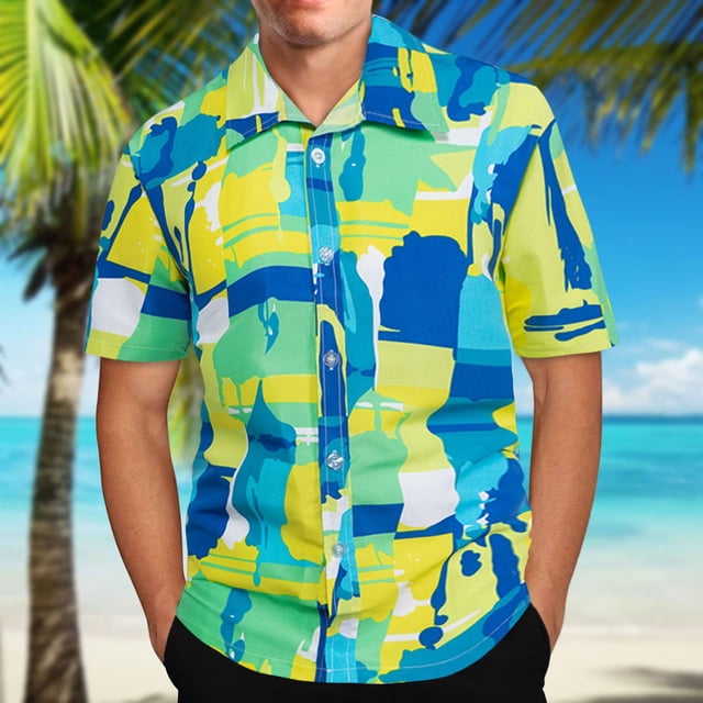 EGNMCR Chemise à Manches Courtes à Col à Revers à Imprimé Hawaïen pour Homme