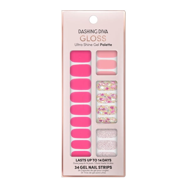 DASHING DIVA- GLOSS - PALM BEACH gel nail strips set with 34 ultra-shiny bubble gum and sheer hot pink gel strips featuring blush glitter and holographic mosaic accents, designed for a chip-resistant manicure lasting up to 14 days, displayed in pink packaging with four distinct strip designs, ideal for quick application and gentle removal.