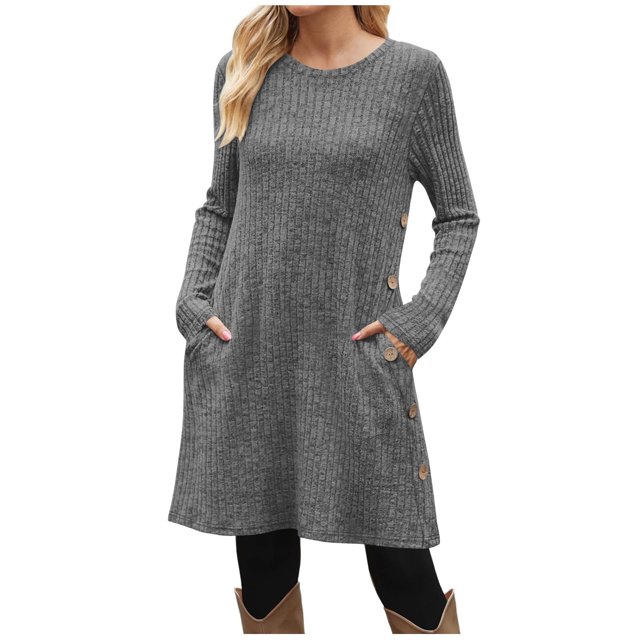 SHTXOZHI Robe Chandail en Tricot à Manches Longues et Col Ras du Cou Décontractée d'Automne et d'Hiver pour Femmes avec Poches