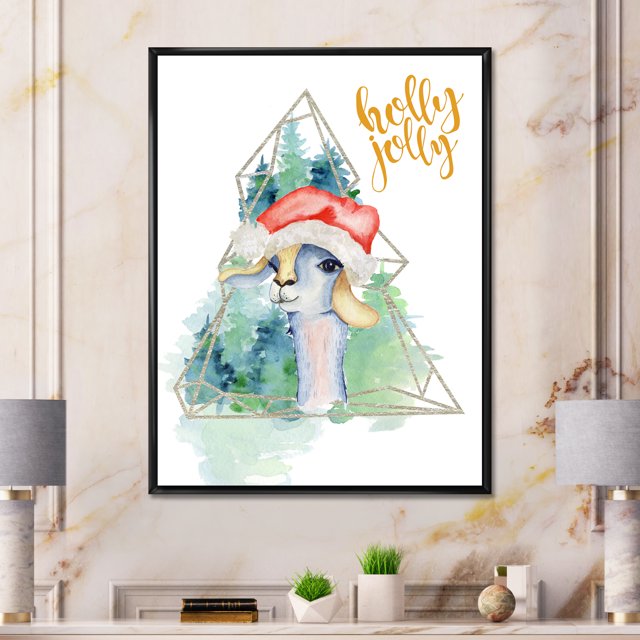 Designart Cute Christmas Llama In Santa Hat Children's Art Floating Frame Wall Art