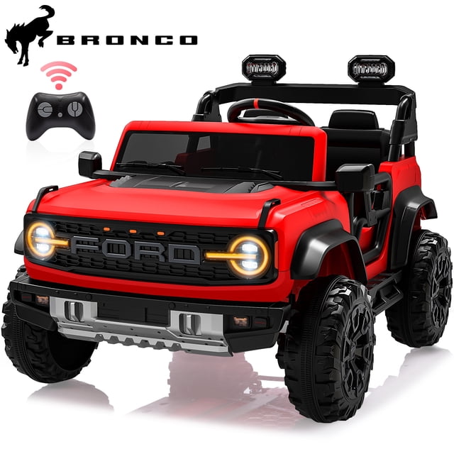 24V 2 Seater Ride on Cars for Big Kids, Licensed Ford Bronco Raptor Powered Ride on Toy Truck in red with LED lights, spring suspension, Bluetooth music player, and remote control. This electric car for kids aged 3-8 features a durable metal frame, anti-skid wheels, and a spacious 21-inch seat for two children. Ideal for powered ride-on play on various terrains with speeds up to 4 mph.