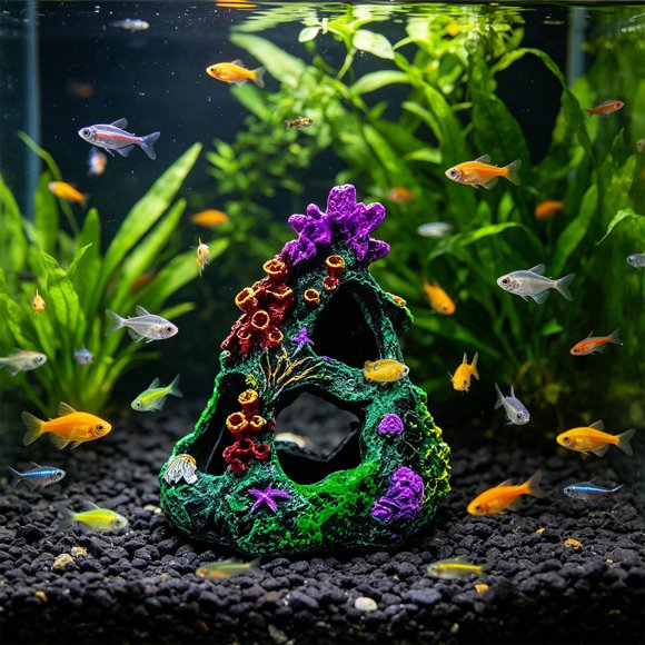 Tarmeek Aquarium Coral Reef Decoration, Fish Tank Reef Ornament with Artificial Reef Decor, Aquarium Hideout and Fish Tank Cave, Resin Material Realistic Look Saltwater Safe for Small Pets, D