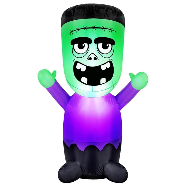 Occasions Halloween Bébé Monstre Gonflable de 5 Pieds Frankenstein avec Bras Levés, Tête Verte Vibrante, Chandail Violet et Pantalon Noir, s'Autogonflant avec Souffleur Inclus, Résistant aux Intempéries et s'Illumine pour la Déco d'Halloween Intérieure Ou Extérieure.