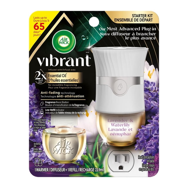 AIR WICK® SCENTED OIL - Kit - Pulse Vibrant™ - Lavender and Waterlily plug-in air freshener starter kit with a white plastic warmer featuring a water droplet button and a 23.9ml refill bottle infused with essential oils, providing up to 65 days of long-lasting fragrance with anti-fading technology and fragrance boost button, ideal for use in living rooms, bathrooms, bedrooms, and offices.