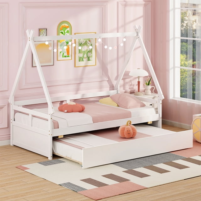 Gymax Lit Cabane Format Simple avec Tiroir-Lit Blanc, Conçu pour les Chambres d'Enfants avec Cadre en Forme de Maison, Toit, Garde-Corps de Sécurité et Lattes de Bois. le Lit Gigogne Se Déplie en Douceur sur Roues, Offrant un Espace de Sommeil Ou de Rangement Supplémentaire. Ensemble dans une Chambre d'Enfant à Thème Rose avec Décor Ludique.