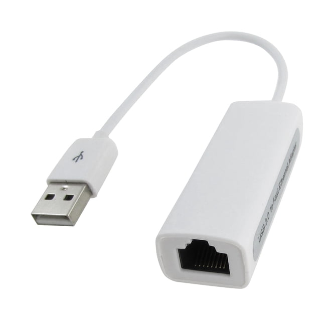 Unique Bargains USB 2.0 Ethernet 10/100 RJ45 Wired Network LAN Adapter Connector Card. A compact white networking adapter with a USB 2.0 connector and an RJ45 Ethernet port, connected by a short cable. Supports 10/100Mbps speeds, hot plug-and-play functionality, and is ideal for ultrabooks, laptops, and NICs.