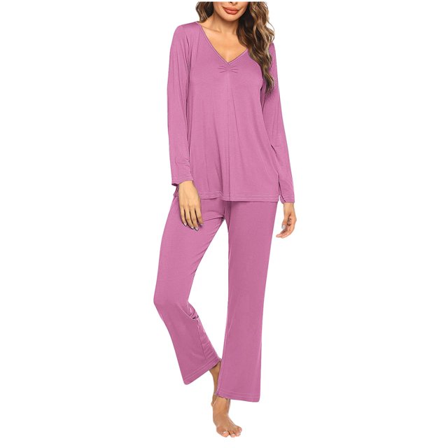 Timegard Ensembles de Pyjamas pour Femmes 2 Pcs Manches Longues Col en V Haut Froncé et Pantalon Automne Décontracté Doux Tenues de Pjs