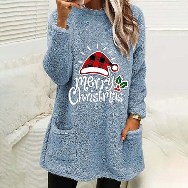 Qertyioot Hauts Grande Taille pour Femmes, Blouse de Noël Col Rond et Hiver Ample avec Poche Imprimée Manches Longues