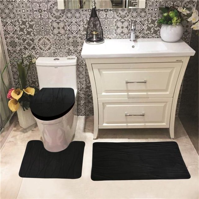 Kashi Home RS056985 Connie Bath Mat Set, Black - 3 Piece