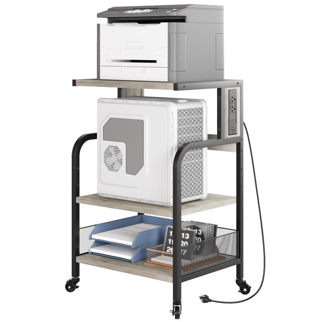 EDTara Chariot d'Imprimante Roulant avec Prises de Courant et Ports USB Chariot d'Imprimante Roulant à 3 Niveaux avec Tablette de Rangement Ajustable Table d'Imprimante sur Roulettes Support d'Imprimante pour la Maison Chariot Multifonction