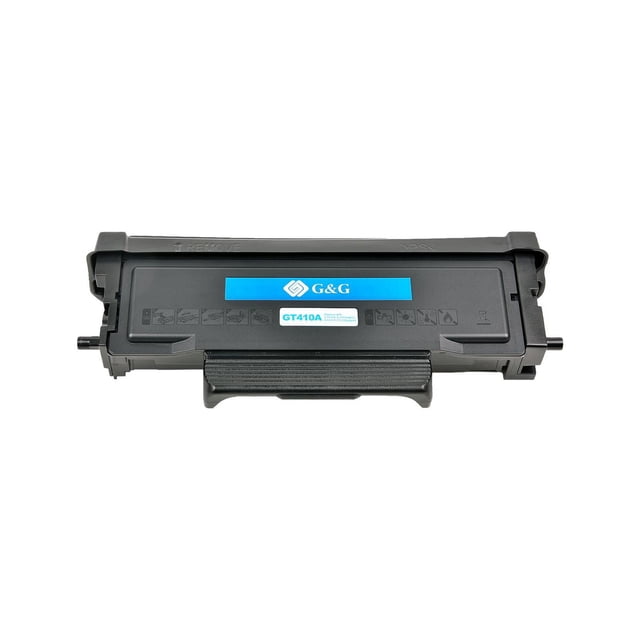 G&G GT410A Black Toner Cartridge, Standard Yield, front-facing rectangular black plastic cartridge with blue G&G label and GT410A model number, designed for monochrome laser printers, offering 3000-page yield and ISO 19752 standard compliance in printer toner supplies.