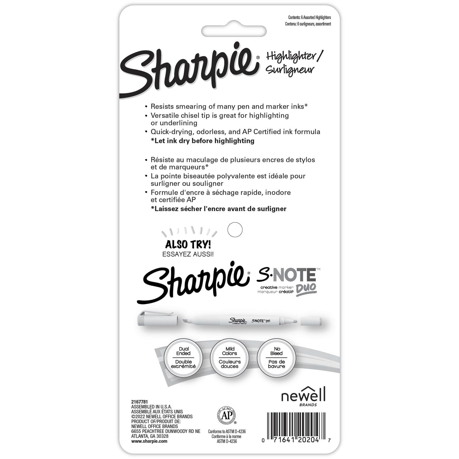 Surligneurs de poche Sharpie, pointe biseautée fine, couleurs pastel douces, 6 unités