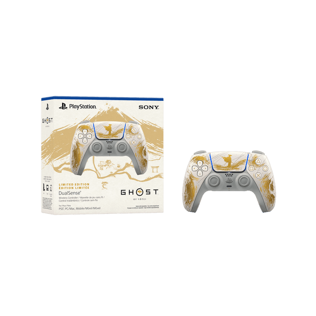 DualSense® Wireless Controller Ghost of Yōtei™ Gold Limited Edition with white and gold brushed design featuring a samurai silhouette on the touchpad, ergonomic layout with adaptive triggers and haptic feedback, shown alongside its packaging box with matching artwork and Ghost of Yōtei branding, compatible with PS5, PC, Mac, and mobile devices, also suitable for streaming and recording gameplay.
