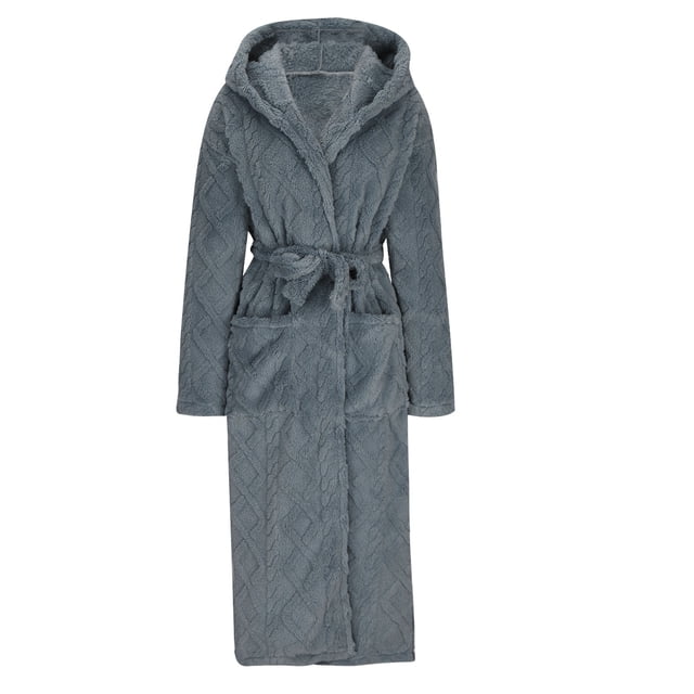 ShomPort Cable Knit Pajama Robes for Mens Fleece Solid Color Hooded Bathrobe with Pockets Fall Winter Warm Comfort Loungewear
