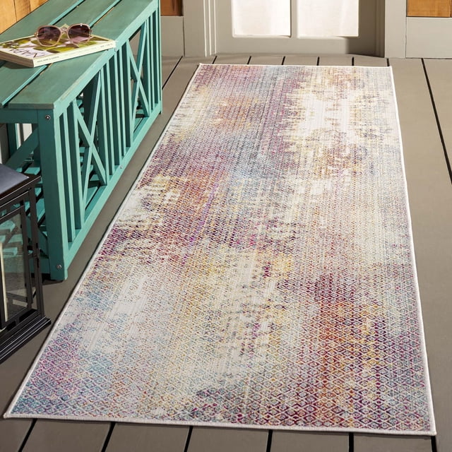 SAFAVIEH Rainbow Kameron Tapis Abstrait Intérieur/extérieur pour Aire sur une Terrasse en Bois, Présentant un design Rectangulaire à Poil Ras avec un Motif de Losanges Délavé en Violet, Jaune, Bleu et Ivoire. Fabriqué en Polypropylène durable, Ce Tapis Résistant à la Décoloration et à l'Eau Convient aux patios et aux Balcons et Est Souvent Utilisé pour Ajouter de la Couleur et du Confort aux Zones d'Assise Extérieures.