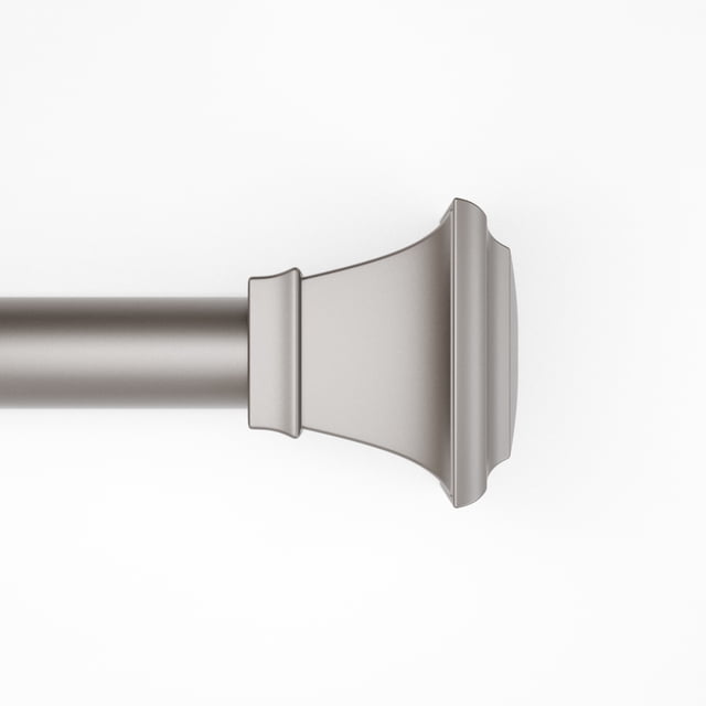 Mainstays 1" Nickel Square Adjustable Single Curtain Rod Set, 30"-84" centered, front-facing view of a 1-inch diameter steel curtain rod with square profile and squared nickel finish finials; adjustable telescoping rod shown at mid-length, includes three mounting brackets with screws and anchors on a plain white background. Often used for lightweight drapery panels or temporary room dividers.